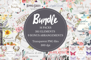 Watercolor Flowers; Antlers Clip Art Bundle - Only $15