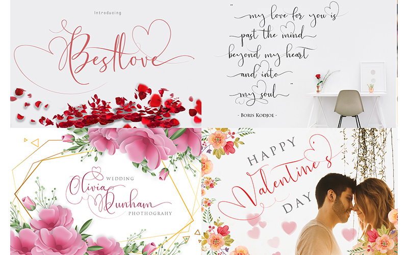 Collage of romantic fonts in the love fonts bundle